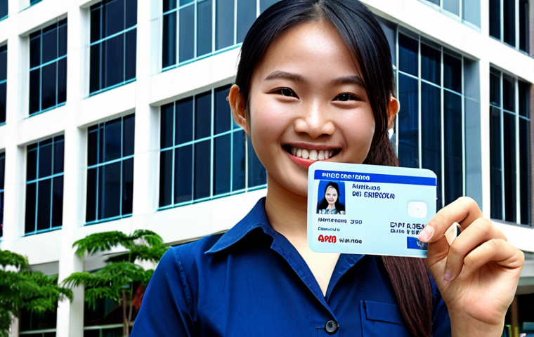 **
A young Vietnamese professional in their 20s, confidently smiling, holding a health insurance card in front of a modern office building in Ho Chi Minh City. Focus on conveying a sense of security and a bright future.
**