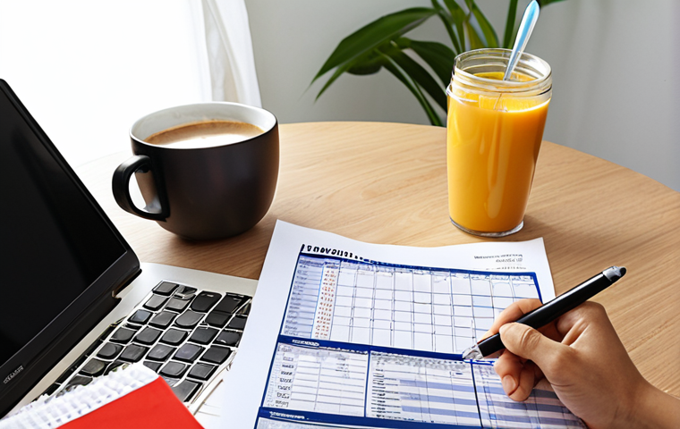 Insurance Portfolio Overview**
A brightly lit, organized desk with a Vietnamese person meticulously reviewing insurance documents (life, health, car, home). Spreadsheet visible on a laptop showing insurance types, coverage amounts, and annual premiums. Focus on detail and financial responsibility. Include a Vietnamese coffee cup and calendar.
**